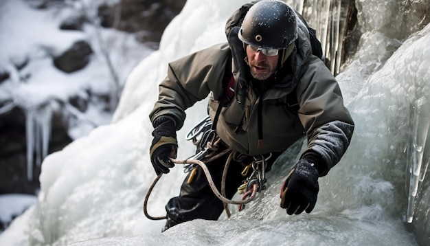 Photo gratuite un alpiniste conquiert un sommet gelé avec détermination ia générative