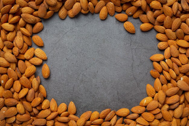 Amandes biologiques fraîches sur fond sombre