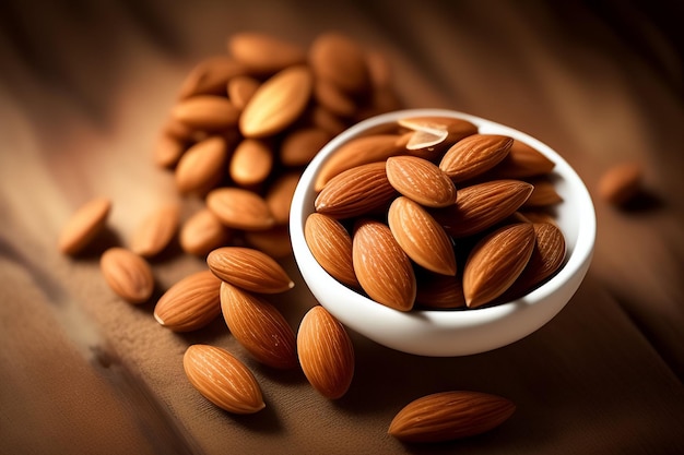 Amandes dans un bol sur une table en bois