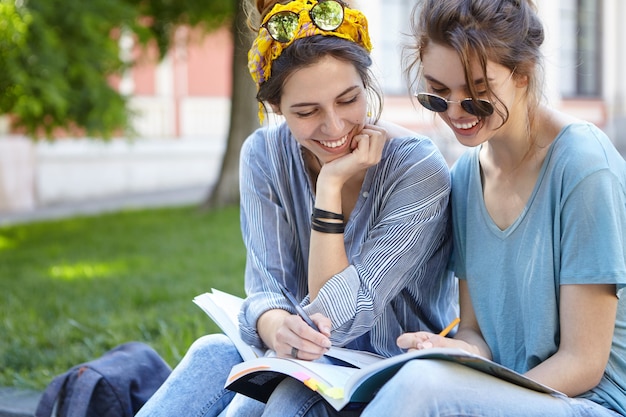 Amies étudient ensemble dans le parc