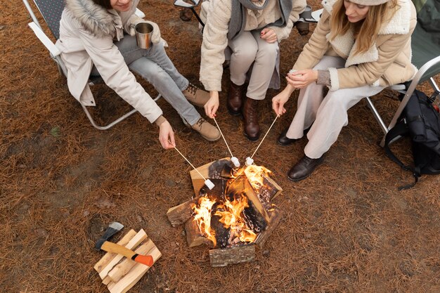 Amies rôtissant des guimauves à l'aide d'un feu de joie