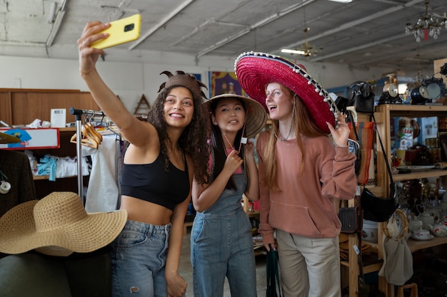 Amis faisant du shopping dans un magasin d'antiquités