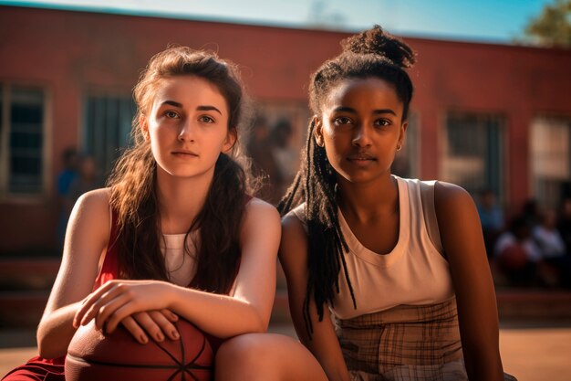 Amis de tir moyen jouant au basket-ball