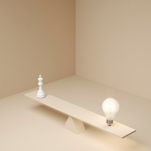 Ampoule allumée en équilibre sur une planche à côté d'une pièce d'échecs comme concept d'idée