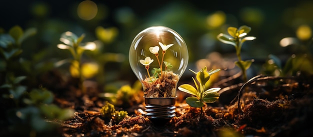 Ampoule avec petite plante poussant à l'intérieur du concept d'écologie et d'environnement