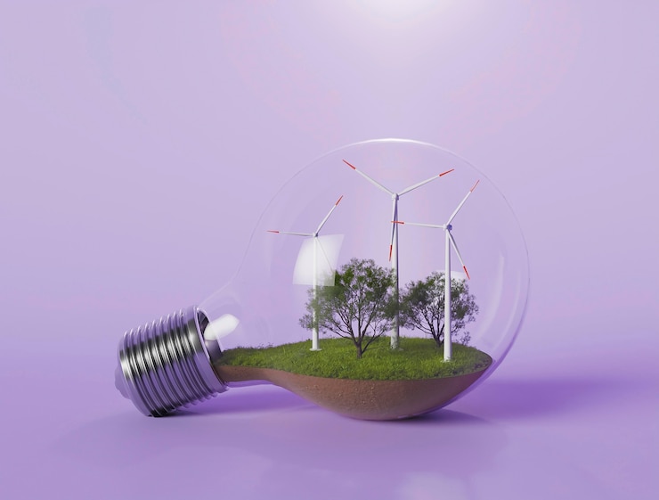 Photo gratuit ampoule avec projet d'éolienne 3d pour économiser de l'énergie