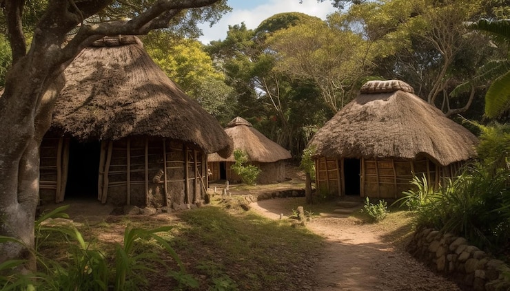 Photo gratuit ancien cottage au toit de chaume dans un paysage africain généré par l'ia