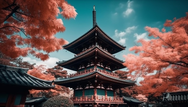 Une ancienne pagode se dresse fièrement dans un paysage d'automne généré par l'IA
