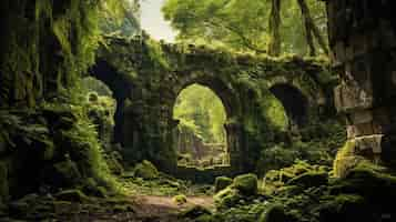 Photo gratuite une ancienne ruine couverte de mousse qui brille à travers l'épaisse végétation.