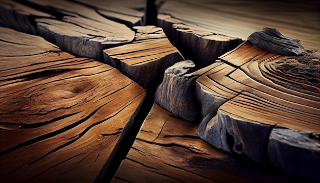 Ancienne table en bois fabriquée à partir de matériaux érodés générés par l'IA