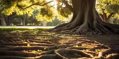 Photo gratuite d'anciennes racines d'arbres s'étendent à travers la terre, un témoignage du temps dans un parc ensoleillé.