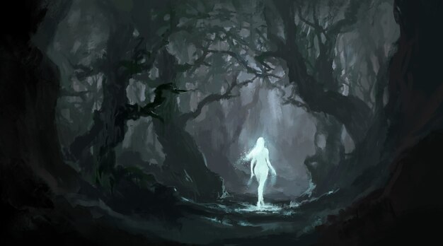 Ange dans la forêt vierge tranquille, peinture numérique.
