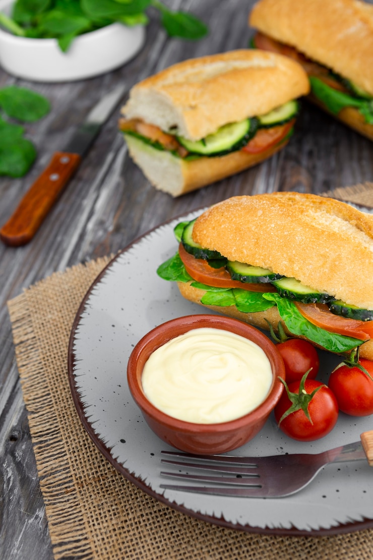Photo gratuit angle élevé de l'assiette avec des sandwichs et de la mayonnaise