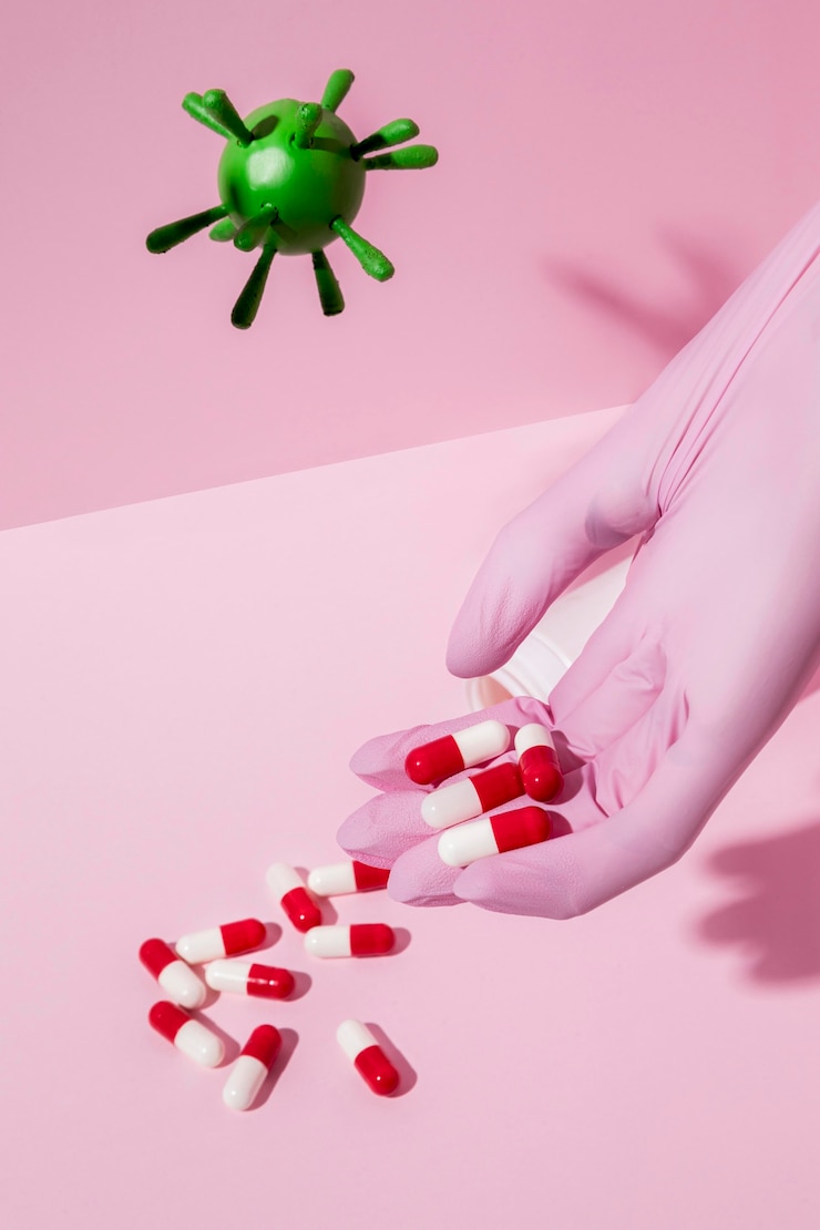 Photo gratuit angle élevé du concept de coronavirus avec des pilules