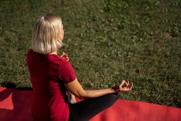 Angle élevé de femme à l'extérieur, faire du yoga