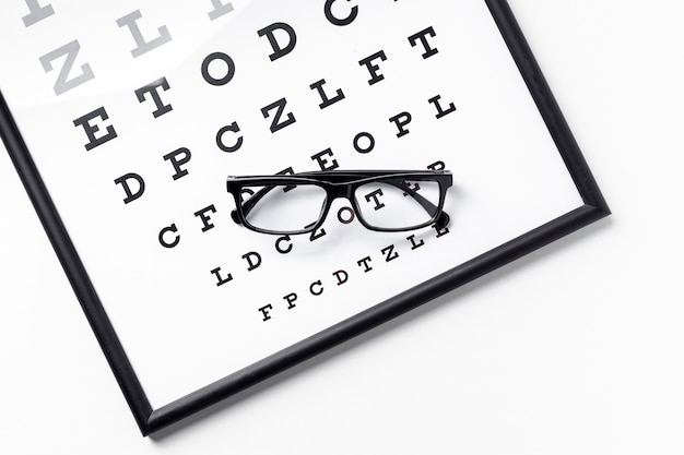 Angle élevé de paire de lunettes sur panneau avec lettres