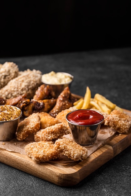 Angle élevé de planche à découper avec poulet frit et sauces avec espace copie