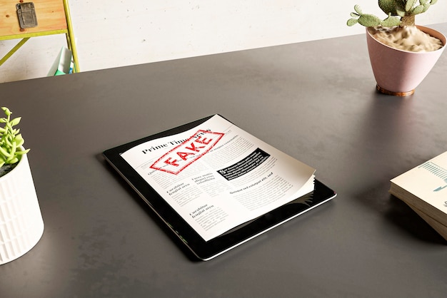Angle élevé de tablette avec papiers et fausses nouvelles sur la table