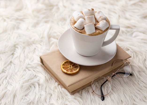 Angle élevé de tasse avec des guimauves sur livre avec des verres et des agrumes séchés