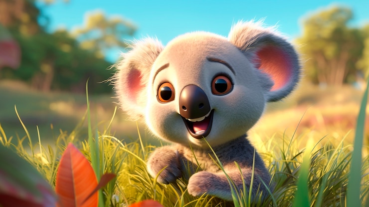 Photo gratuit animal de dessin animé heureux en 3d à l'extérieur dans la prairie