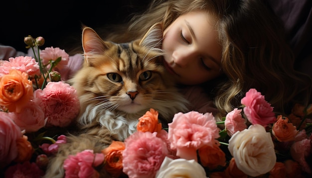 Photo gratuite animaux mignons animal amour chaton fille fleur embrassant ludique généré par l'intelligence artificielle