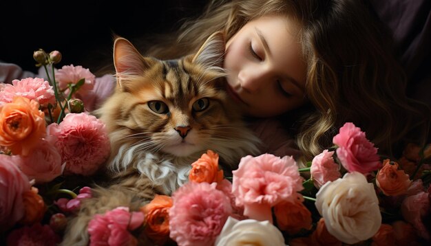 Animaux mignons animal amour chaton fille fleur embrassant ludique généré par l'intelligence artificielle