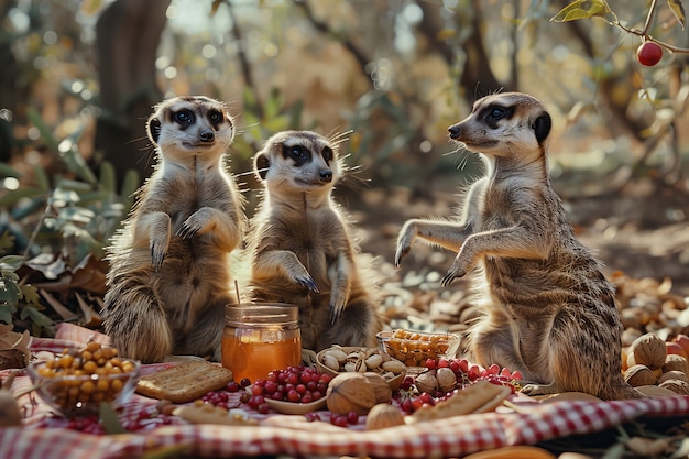 Photo gratuite des animaux en train de faire un pique-nique en plein air