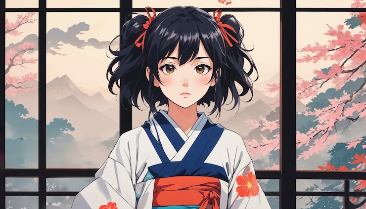 Photo gratuit anime comme l'illustration d'une fille en kimono