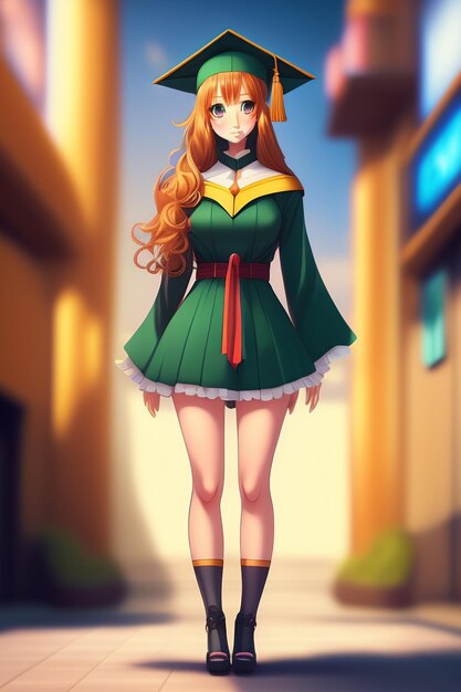 Anime girl avec une robe verte et un arc sur la tête