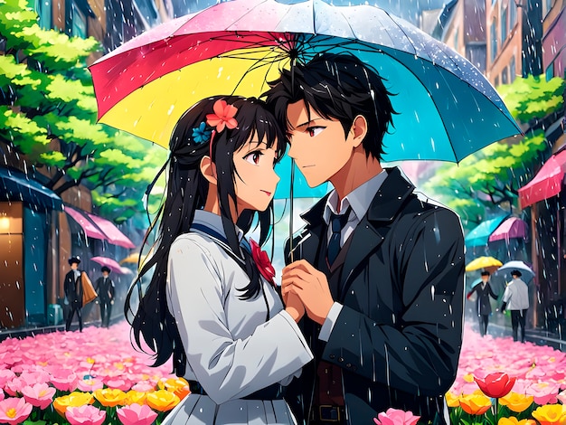 Photo gratuite anime style scene with people showing affection outdoors in the street