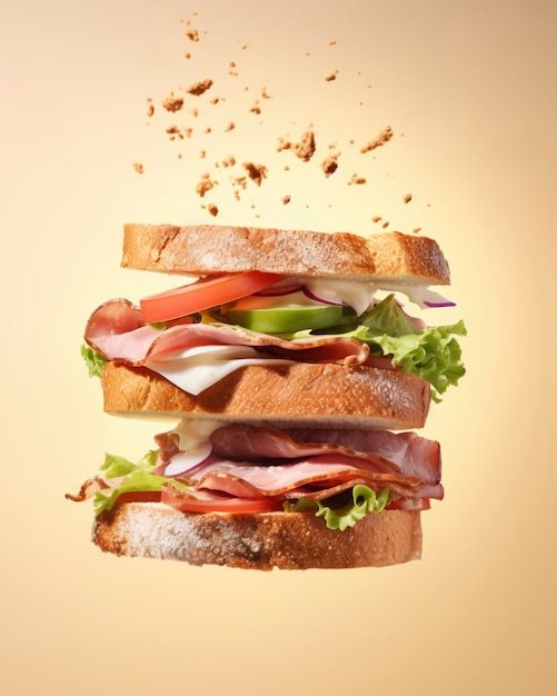 Photo gratuite annonce d'un aliment avec un sandwich flottant