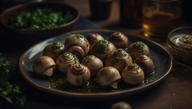 Apéritif d'escargot bio sur une assiette en bois rustique généré par l'IA