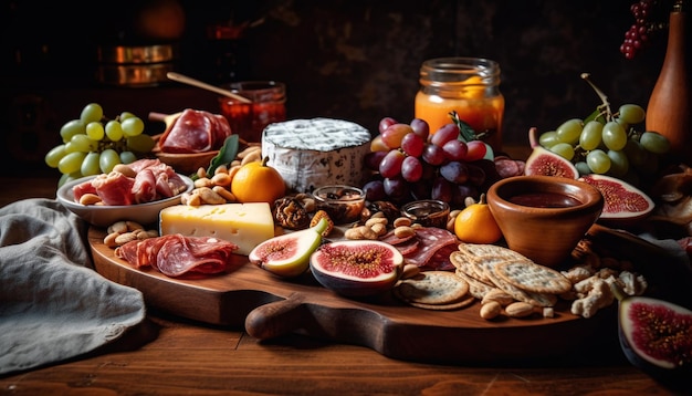 Photo gratuite apéritif gastronomique rustique plateau pain fromage prosciutto raisins généré par l'ia