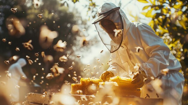 Apiculteur travaillant dans une ferme d'abeilles