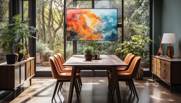 Photo gratuite appartement moderne avec un fond vert vif, une chaise confortable et un décor élégant généré par l'intelligence artificielle