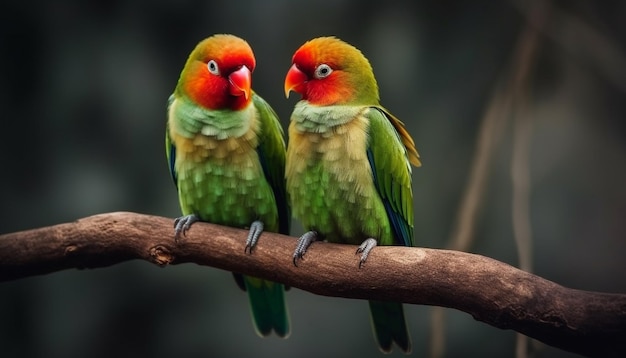 Ara et loriquet colorés perchés sur une branche regardant la caméra générée par l'IA