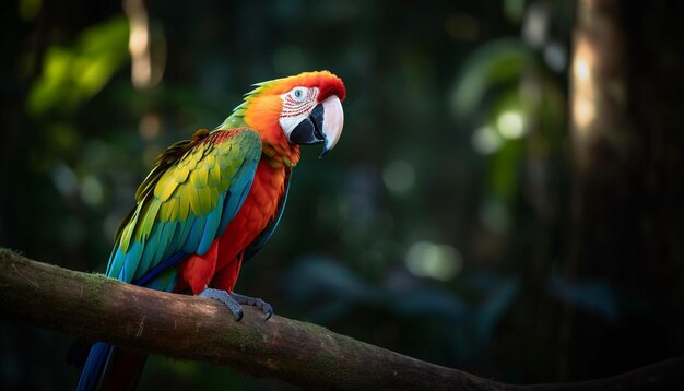 Ara vibrant perché sur une branche dans la forêt tropicale générée par l'IA