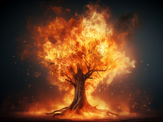 Photo gratuite arbre en 3d en feu avec des flammes