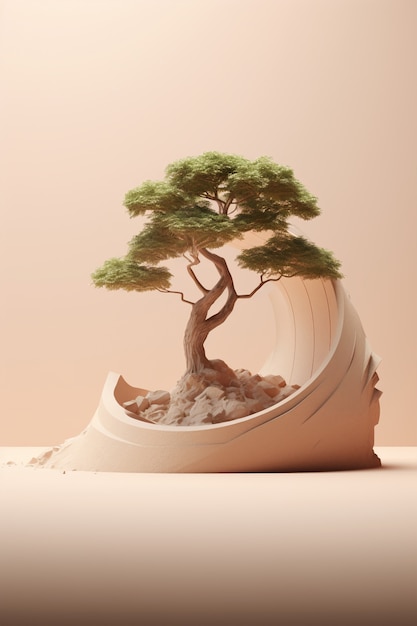 Photo gratuite arbre 3d avec des feuilles et des branches sur le podium