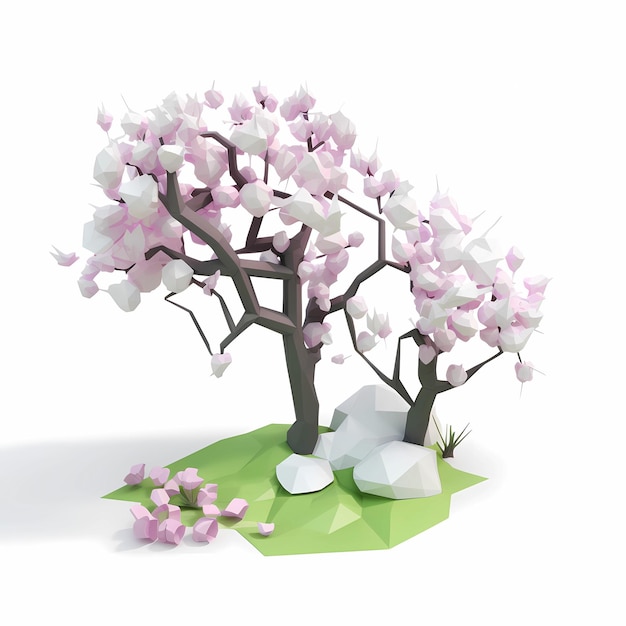 Photo gratuite arbre fleuri abstrait lowpoly3d sur fond blanc