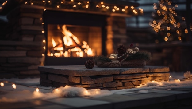 L'arbre de Noël brille dans une maison rustique générée par l'IA