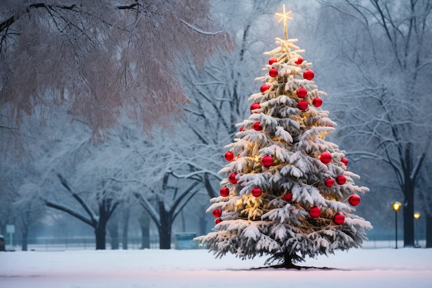 Arbre de Noël dans un parc enneigé