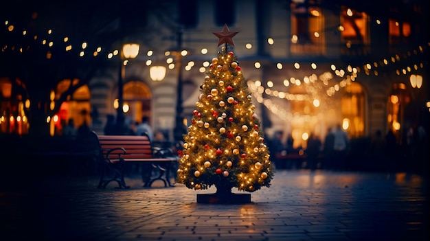 Arbre de Noël décoré d'ornements dans un espace public