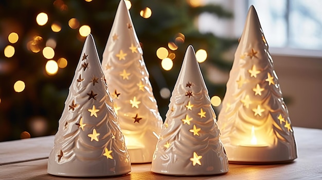 Des arbres de Noël en céramique ornés de bougies et d'un décor festif créent une scène joyeuse sur une table.