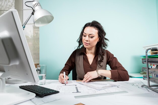 Architecte à son bureau avec des plans devant elle. Travailler sur de nouveaux projets. Architecture et conception