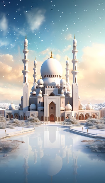 L'architecture du bâtiment de la mosquée avec un paysage hivernal