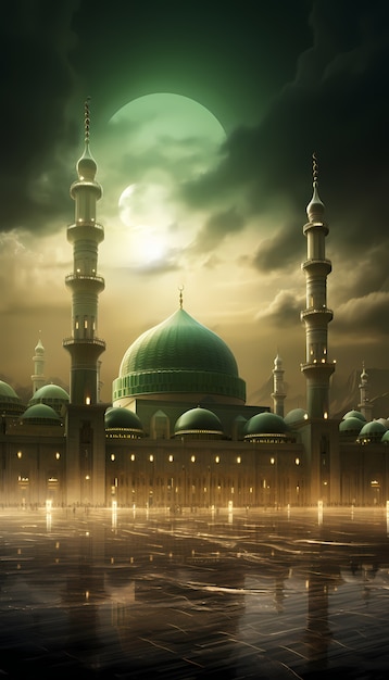 L'architecture du bâtiment de la mosquée avec un temps sombre