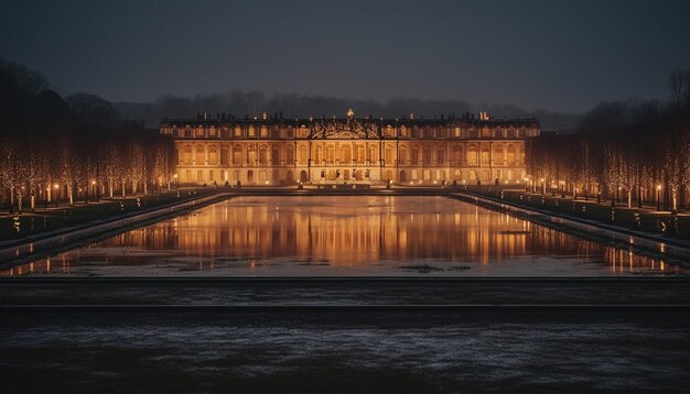 Architecture majestueuse éclairée par des lampadaires au crépuscule générés par l'IA