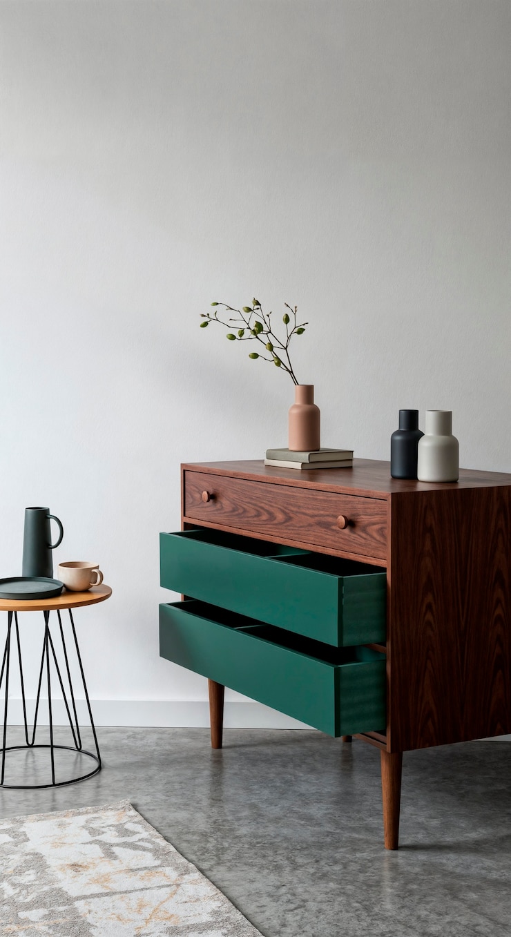 Photo gratuit une armoire moderne élégante du milieu du siècle avec des tiroirs verts.