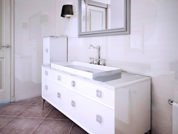 Armoires blanches brillantes dans un style moderne de salle de bain privée. rendu 3d
